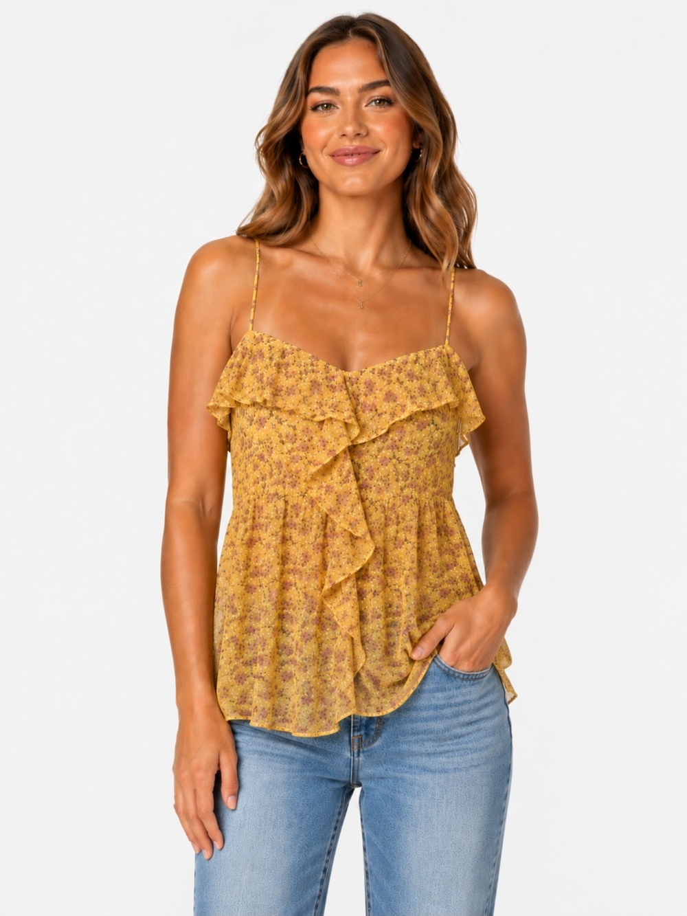 Candie's Yellow Floral Ruffle Tank Top XL